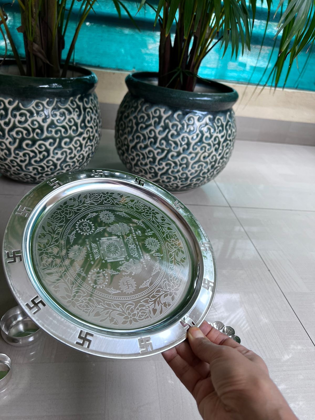 german silver pooja thali set for diwali/ housewarming pooja - 8 pieces set